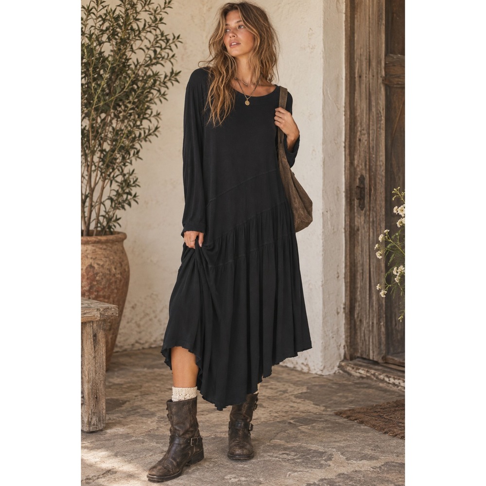 Free People Beach Witchy Midi Dress Size M Black Long Sleeve Boho Lagenlook